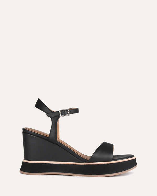 HAMPTON HIGH HEEL WEDGE SANDALS BLACK LEATHER - Jo Mercer