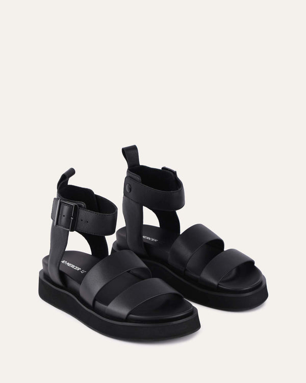 MACKENZIE FLAT SANDALS BLACK LEATHER - Jo Mercer