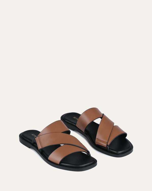 SHELBY FLAT SLIDES DARK TAN LEATHER - Jo Mercer