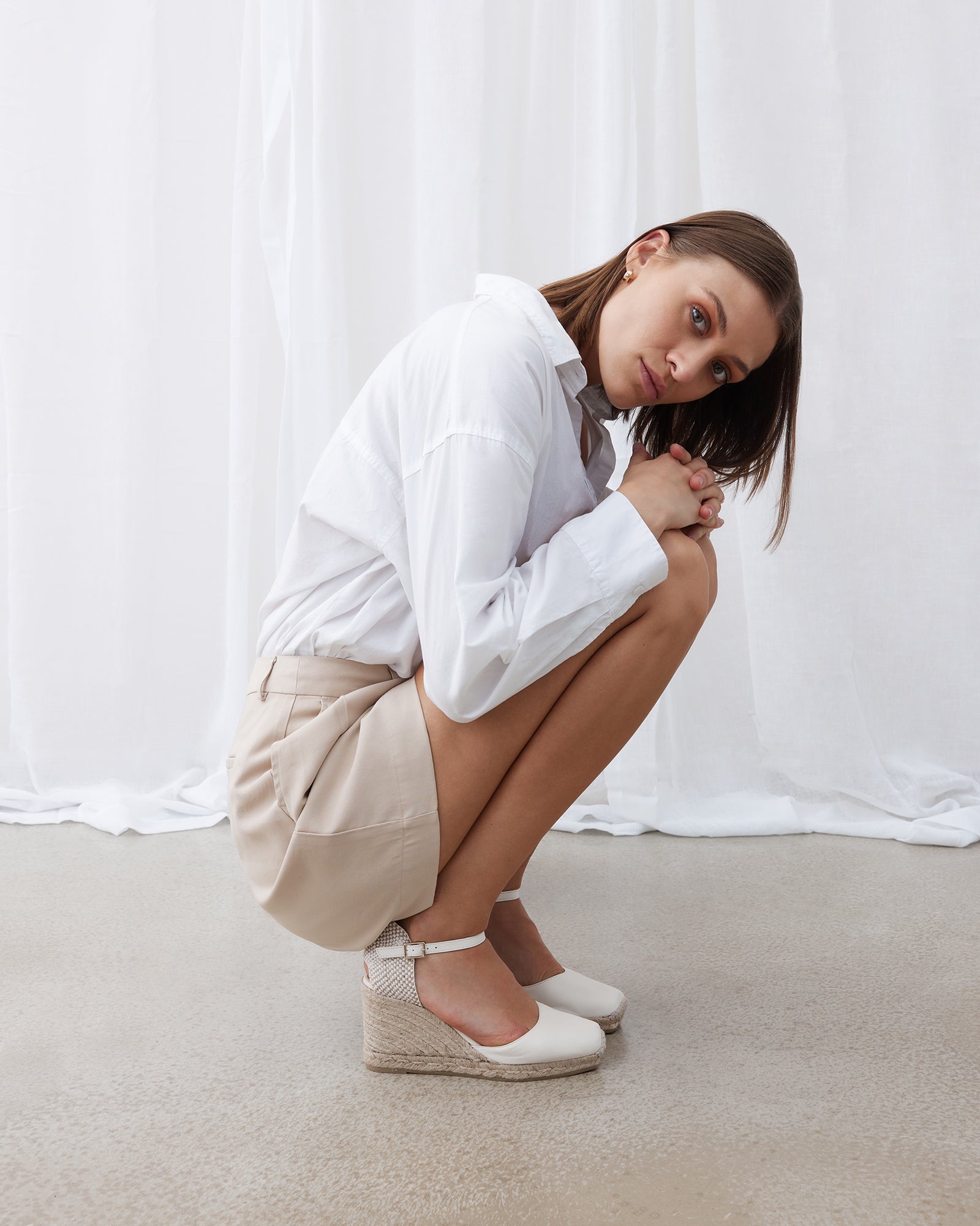 White leather store espadrille wedges