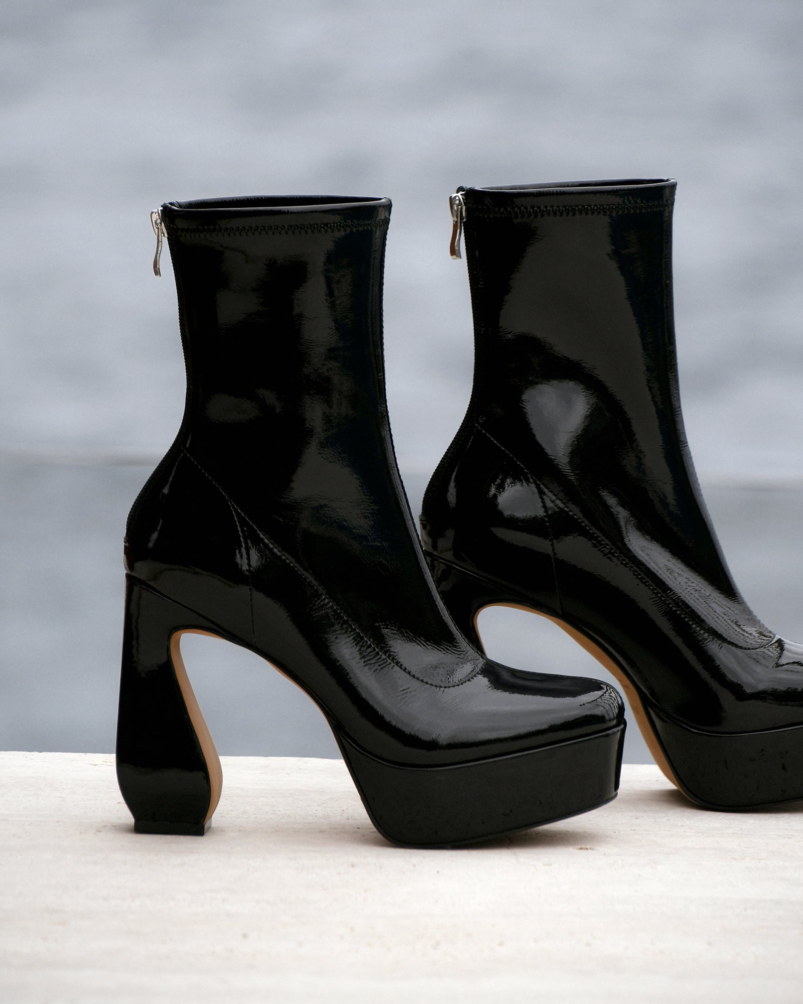 Wide Fit Black Patent Block Heel Zip Ankle Boots | New Look